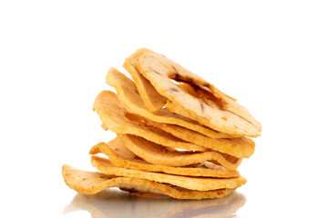 Several organic apple chips, close-up, isolated on white.