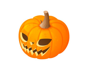 A Halloween pumpkin in an isometric view is isolated on a solid white background. Vector illustration.