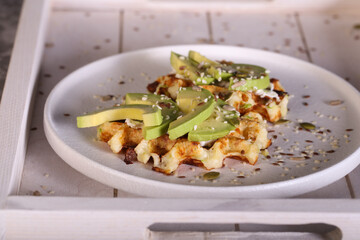 waffles with cream cheese avocado and seeds