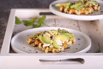 waffles with cream cheese avocado and seeds
