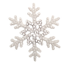 one white Christmas snowflake covered with small sequins on a white isolated background, close-up
