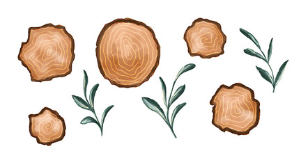 Collection of hand-painted clip art winter elements isolated on white backgrounds. Woodcut circles and winter leaves. Elements for winter celebrations cards, invitations, decoration, gift wrapping