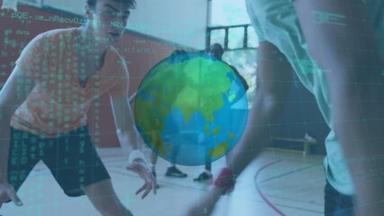 Animation of globe and data processing over basketball players - Powered by Adobe