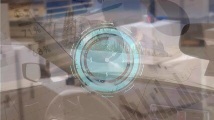Animation of blue clock and data processing over warehouse and car - Powered by Adobe