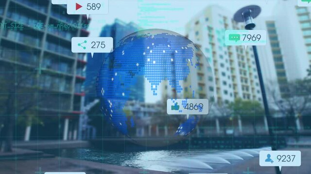 Animation of globe and social media icons over cityscape