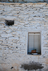 Potted plant on small window with white stone wall