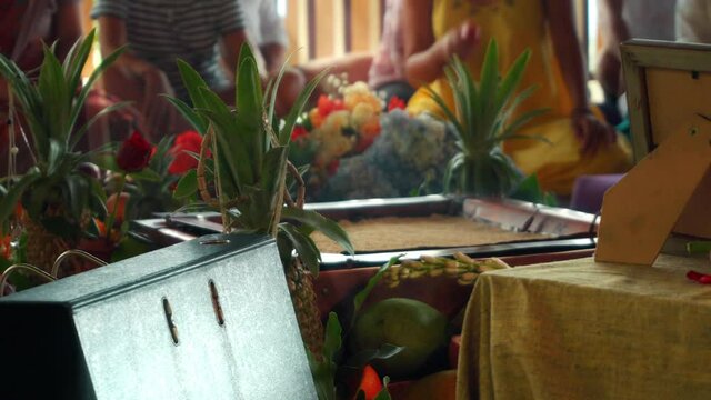Flowers and fruits for offering at the Yagya fire ceremony hindu