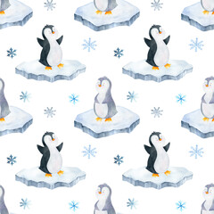 Winter animals seamless patterns, watercolor penguin background, arctic north illustration, iceberg, landscape scrapbooking paper, hand drawn sea wildlife