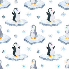 Winter animals seamless patterns, watercolor penguin background, arctic north illustration, iceberg, landscape scrapbooking paper, hand drawn sea wildlife