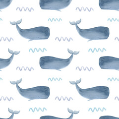 Fototapeta premium Sea animals seamless pattern watercolor. Ocean animal patterns, Whale animal background. Nautical marine illustration