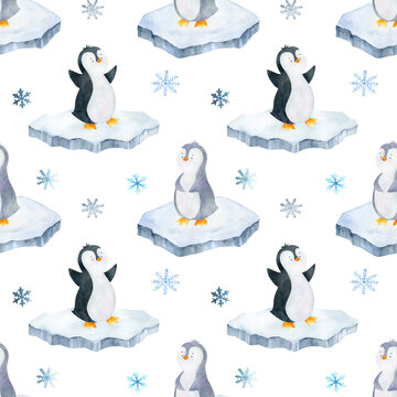 Winter animals seamless patterns, watercolor penguin background, arctic north illustration, iceberg, landscape scrapbooking paper, hand drawn sea wildlife