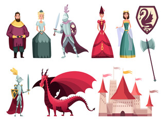 Medieval kingdom characters 2 flat horizontal sets with rider king queen knight castle fortress dragon  illustration - obrazy, fototapety, plakaty