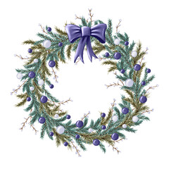 Christmas fir-tree wreath with a big indigo bow, white and indigo Christmas balls, and tiny berried twigs on white background. Isolated hand-painted illustration of New Year or Christmas decoration