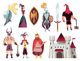 Medieval tales characters flat set with archer blacksmith king queen horn bishop warrior knight castle  illustration