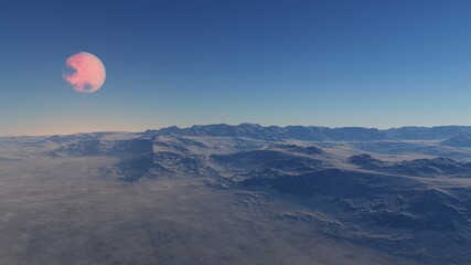 Exoplanet fantastic landscape. Beautiful views of the mountains and sky with unexplored planets. 3D illustration