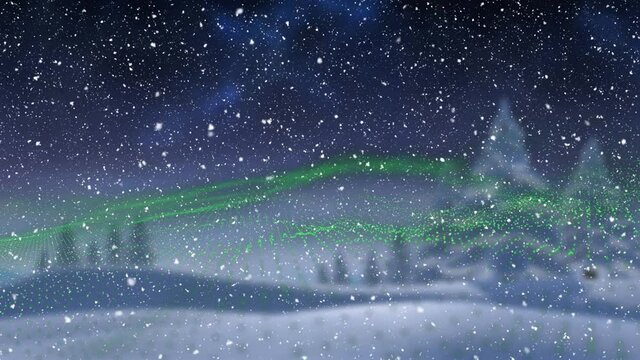 Animation of snow falling over winter landscape and northern lights