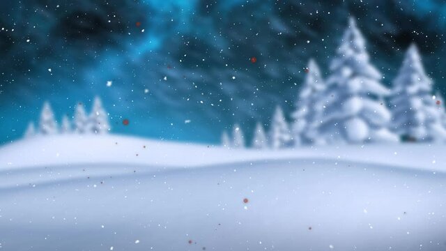 Animation of snow falling over winter landscape and northern lights