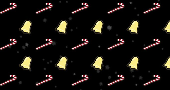 Animation of multiple bells and candy cane on black background