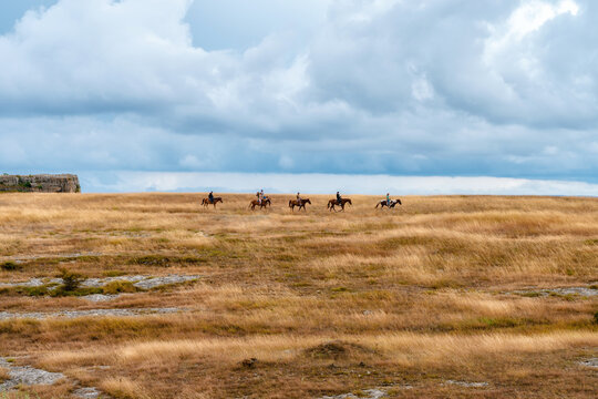 Riders on horseback walk through a dry field with a cloudy sky