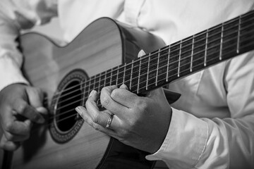 Fototapeta premium Classical guitar fingering composite in portrait.