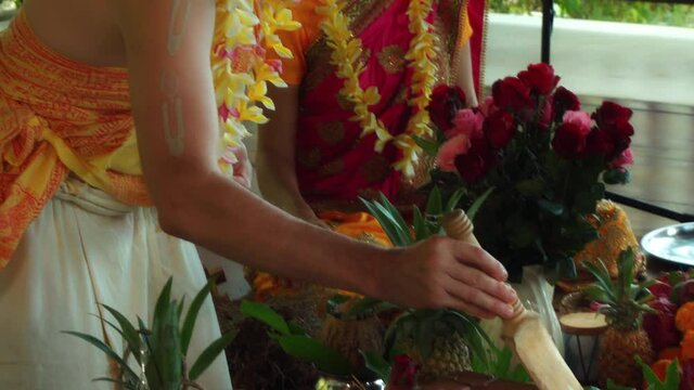 Flowers and fruits for offering at the Yagya fire ceremony hindu