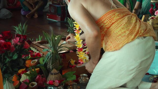 Flowers and fruits for offering at the Yagya fire ceremony hindu