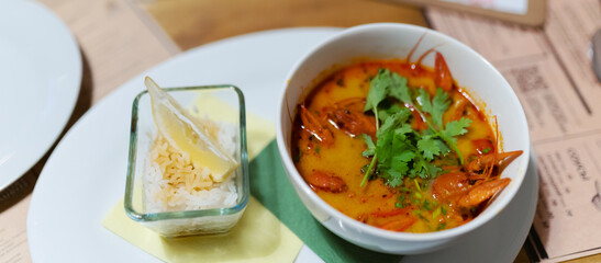 Tom Yam soup with crayfish. Selective focus