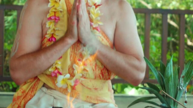 Flowers and fruits for offering at the Yagya fire ceremony hindu