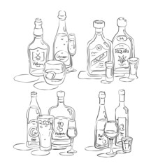 Fototapeta na wymiar Bottle and glass whiskey, champagne, rum, tequila, beer, liquor, wine, vodka together in hand drawn style. Beverage outline icon. Line art sketch on white background