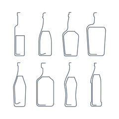 Bottle continuous line vodka, wine, whiskey, liquor, vermouth, rum, martini, beer in linear style on white background. Solid black thin outline. Modern flat style. Logo element illustration