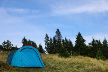 Blue camping tent on green grass near forest, space for text