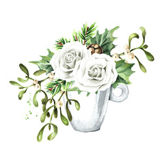 Winter wedding bouquet. Hand drawn watercolor illustration, isolated on white background
