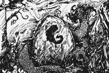 Dragon ink illustration. Dragons with crystals. Hand drawn graphic.