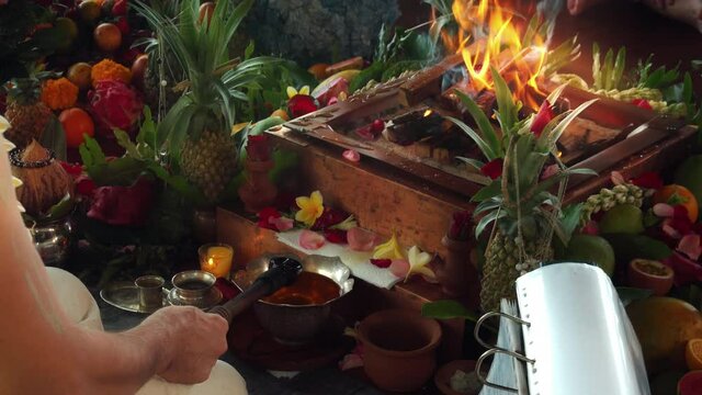 Flowers and fruits for offering at the Yagya fire ceremony hindu