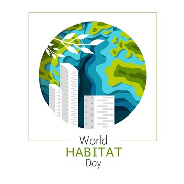 Paper art of World Habitat Day. Celebration dedicated to accelerating urban action for a carbon-free world. Vector background