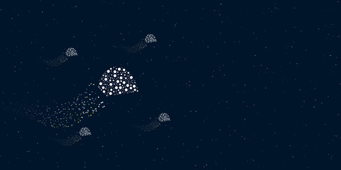 Fototapeta na wymiar A tourist tent filled with dots flies through the stars leaving a trail behind. Four small symbols around. Empty space for text on the right. Vector illustration on dark blue background with stars