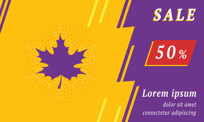 Sale promotion banner with place for your text. On the left is the maple leaf. Promotional text with discount percentage on the right side. Vector illustration on yellow background