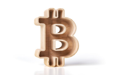 3D Bitcoin symbol made of natural pine wood, nice to decorate an interior or show as a sustainability concept. High quality 3D rendering.