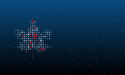 On the left is the maple leaf symbol filled with white dots. Background pattern from dots and circles of different shades. Vector illustration on blue background with stars