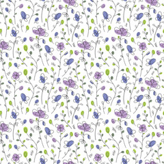 Seamless vector floral doodle pattern with green and purple spots on a white background. Ornament from branches with leaves and flowers. A pattern from sketches of flowers.
