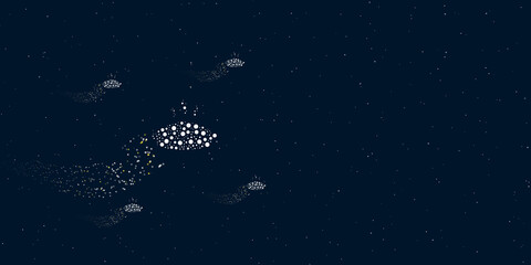 A hot pie symbol filled with dots flies through the stars leaving a trail behind. Four small symbols around. Empty space for text on the right. Vector illustration on dark blue background with stars