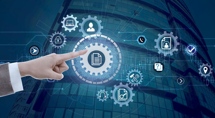Business process. Woman touching virtual screen with different icons, closeup