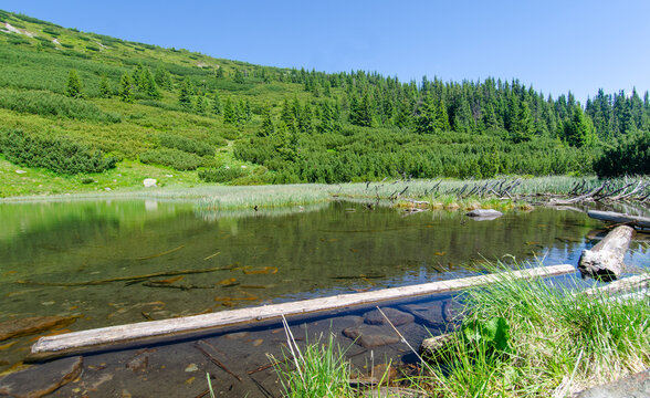 View of the mountain glacier lake Iezer in Romania, Calimani mountains, Transylvania.