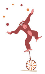 Equilibrist monkey rides on the unicycle and juggles the balls illustration. Cute monkey balances on the unicycle and juggles the balls isolated on white  © bigmen