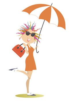 Smiling young woman with an umbrella illustration. 
Good weather, smiling young woman in sunglasses with umbrella and ladies handbag isolated on white
