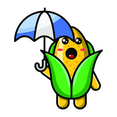 cute corn holding umbrella icon illustration vector graphic