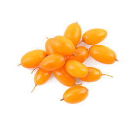Fresh ripe sea buckthorn berries on white background, top view