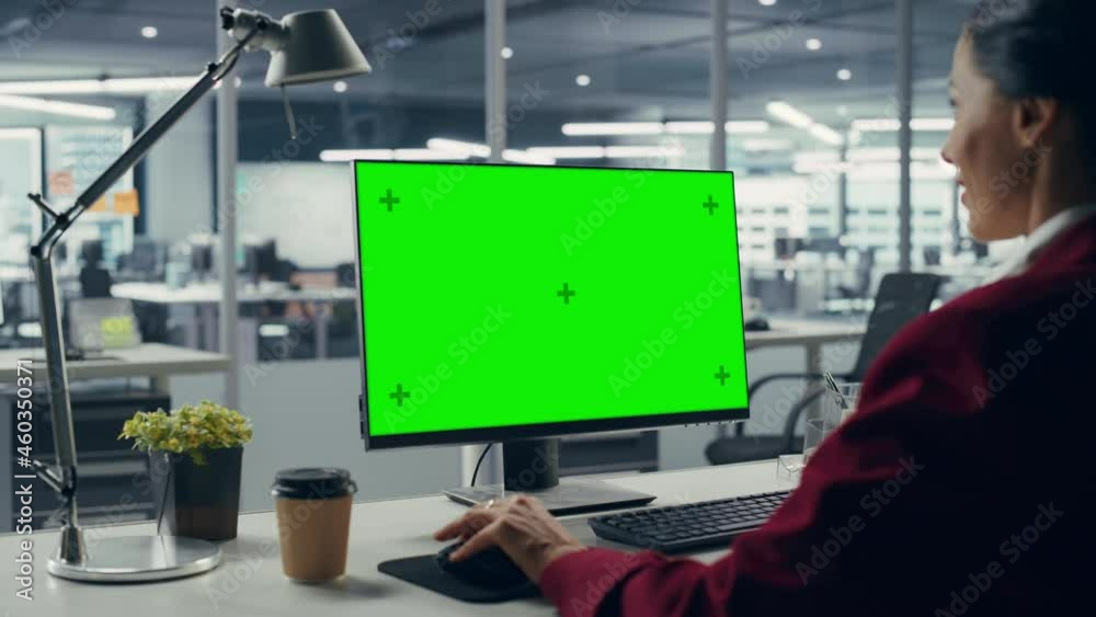 Poster successful caucasian businesswoman sitting at desk working on green screen laptop computer in office