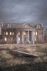 Portrait format 3D rendering of an old wooden boardwalk leading across a swamp to a creepy old mansion house with dark grey sky and rain falling.