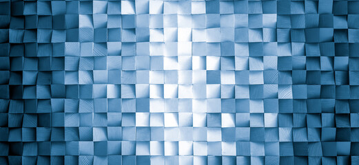 Wood block wall cubic texture background in blue filter . Modern contempolary woodwork wallpaper...